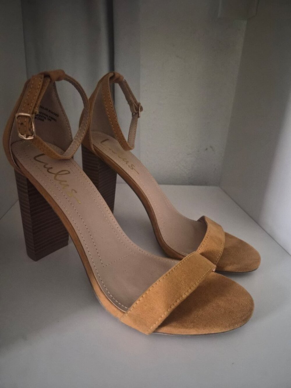 Lulus Taylor Stacked Ankle Strap Heels mustard color